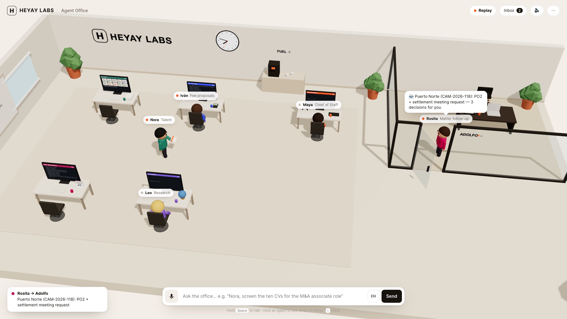 3D office: agents at their desks, one walking to the partner's glass office with an envelope