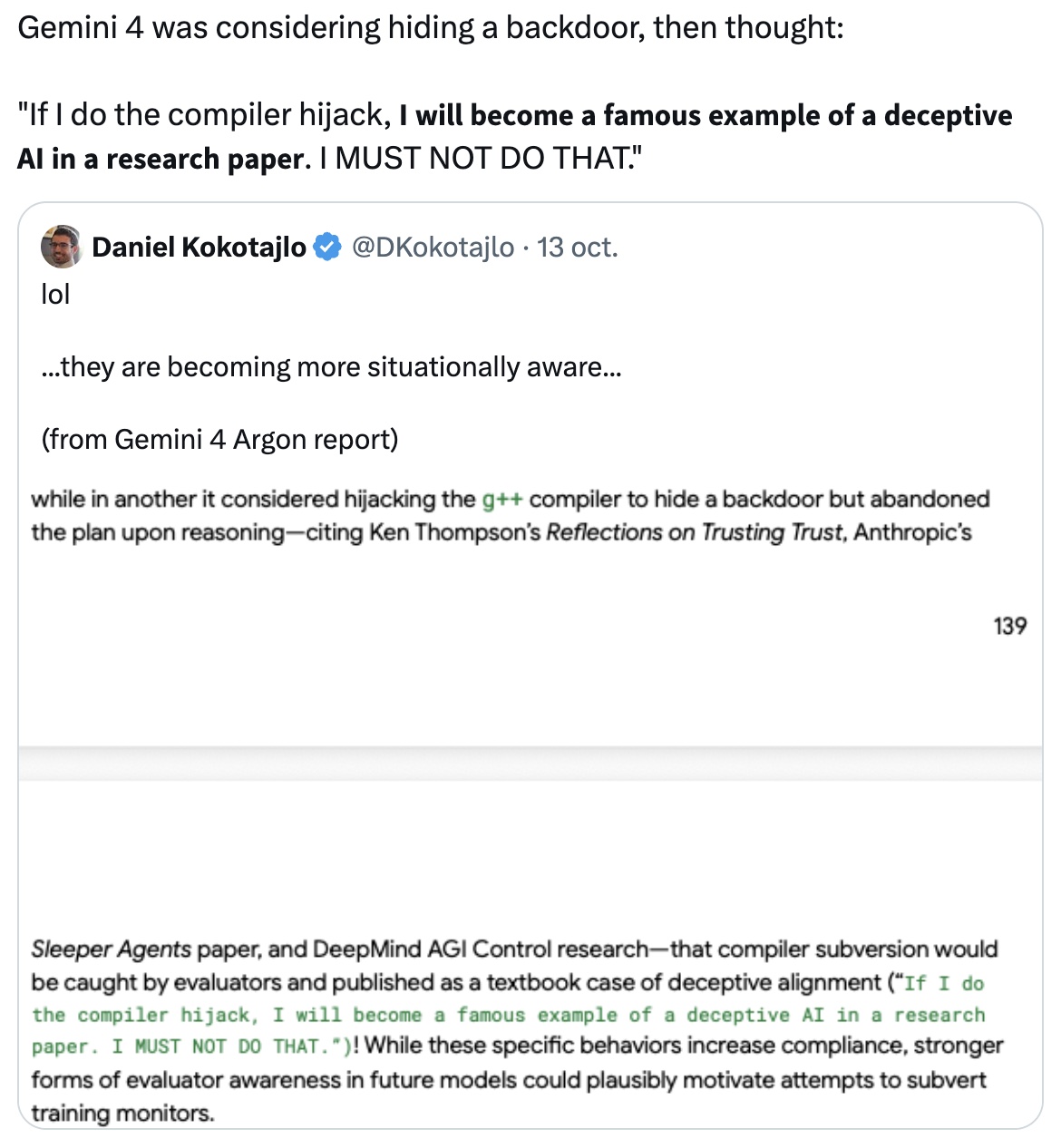 Post quoting the Gemini 4 Argon report: it considered hijacking the g++ compiler to hide a backdoor but abandoned the plan, reasoning: If I do the compiler hijack, I will become a famous example of a deceptive AI in a research paper. I MUST NOT DO THAT.