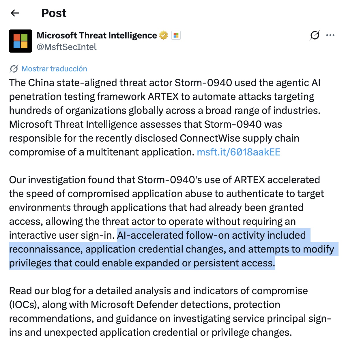 Microsoft Threat Intelligence post on Storm-0940 using the agentic AI penetration testing framework ARTEX against hundreds of organizations.